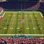 Photorealistic overhead stadium view of packed college football field during spring practice with players in red and white uniforms executing offensive plays, bright daylight, professional sports photography