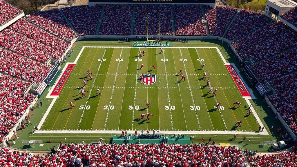 Photorealistic overhead stadium view of packed college football field during spring practice with players in red and white uniforms executing offensive plays, bright daylight, professional sports photography