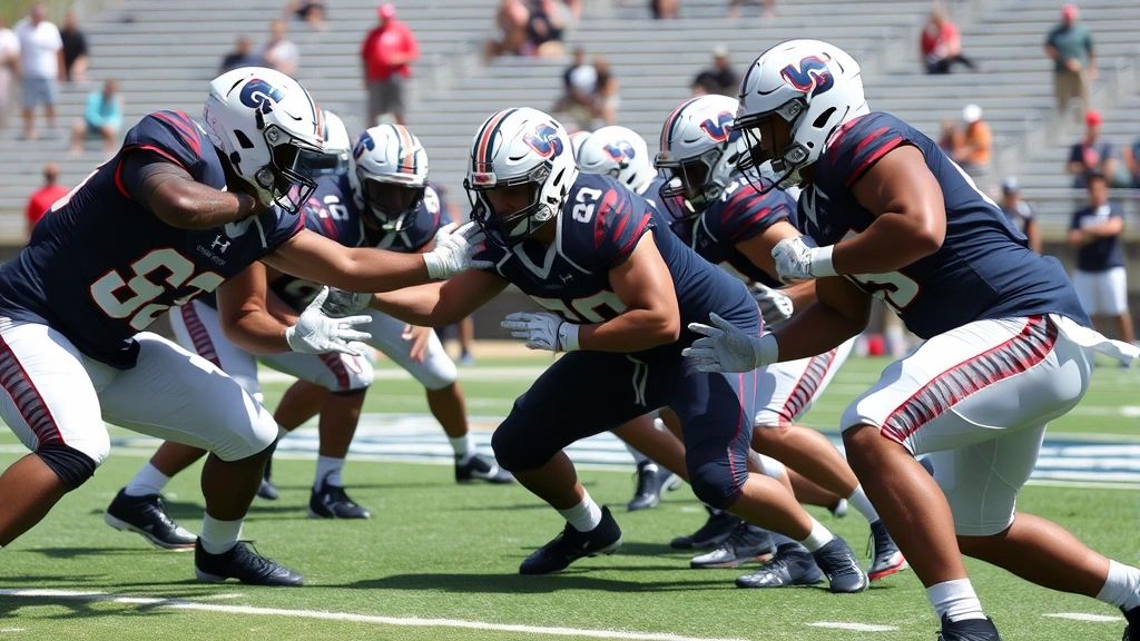 Dynamic action shot of college football defensive linemen engaged in gap control drills during practice, intense athletic movement, clear field visibility, no UI elements, daylight stadium setting