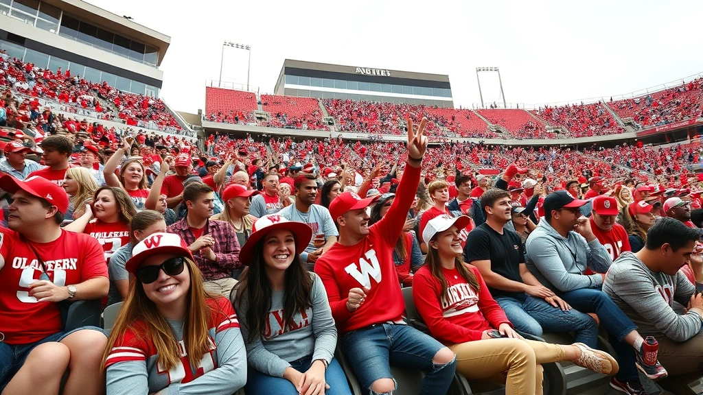 Wide-angle photograph of enthusiastic college football fans in stadium seating wearing scarlet and gray apparel, creating electric atmosphere, authentic crowd energy, daytime sports event photography