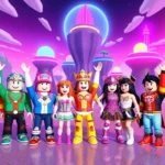 Diverse group of players in colorful avatar costumes standing together in a vibrant Roblox-style virtual world with floating islands and bright neon structures in the background, celebrating together with raised arms