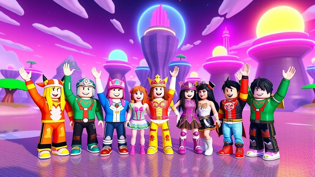 Diverse group of players in colorful avatar costumes standing together in a vibrant Roblox-style virtual world with floating islands and bright neon structures in the background, celebrating together with raised arms