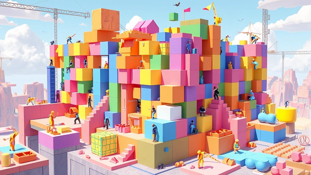 Multiple players collaborating to build a massive virtual structure with colorful blocks and geometric shapes, working together in a bright, creative digital landscape with floating platforms and construction materials scattered around