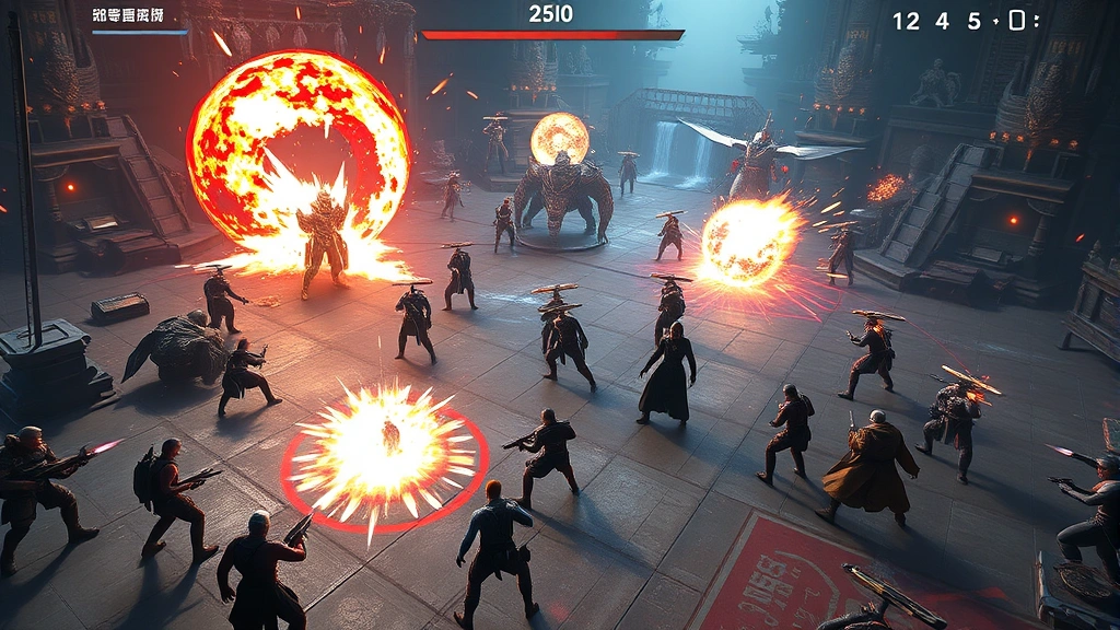 Epic multiplayer battle scene with players competing in an intense action-packed moment, dynamic lighting effects, explosion effects, and various player avatars in combat positions across a detailed virtual arena environment