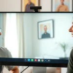 Two people laughing while video chatting on a computer screen, natural lighting, casual home setting, authentic emotional expression