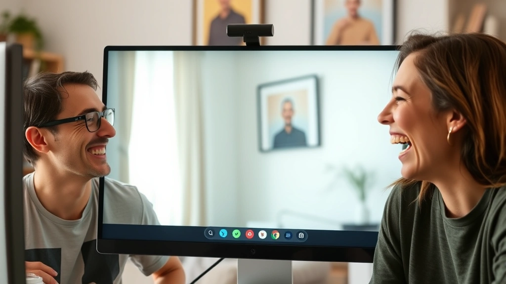 Two people laughing while video chatting on a computer screen, natural lighting, casual home setting, authentic emotional expression