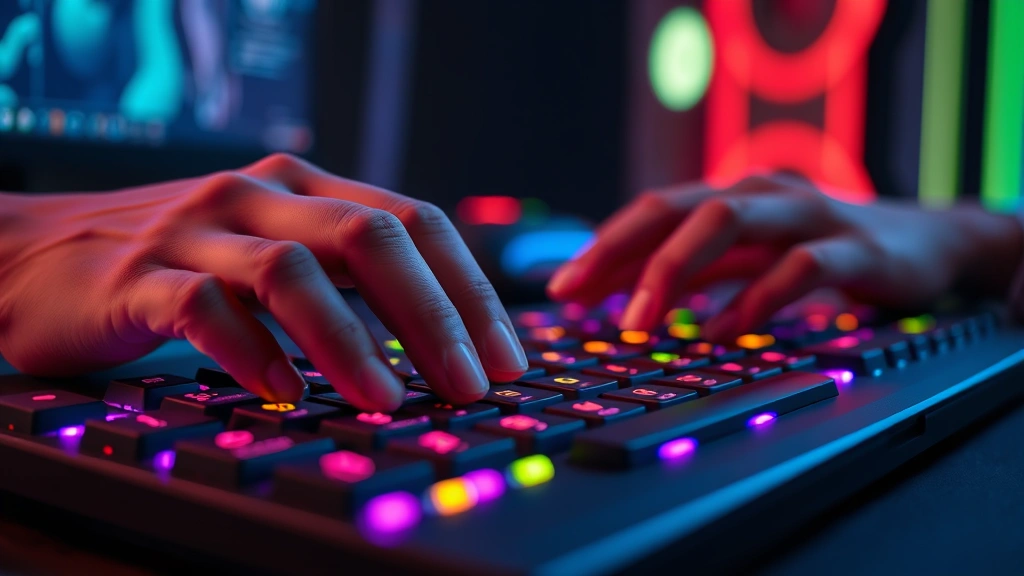 Hands typing on a keyboard during an online gaming session, close-up perspective, colorful RGB lighting, focused intensity visible