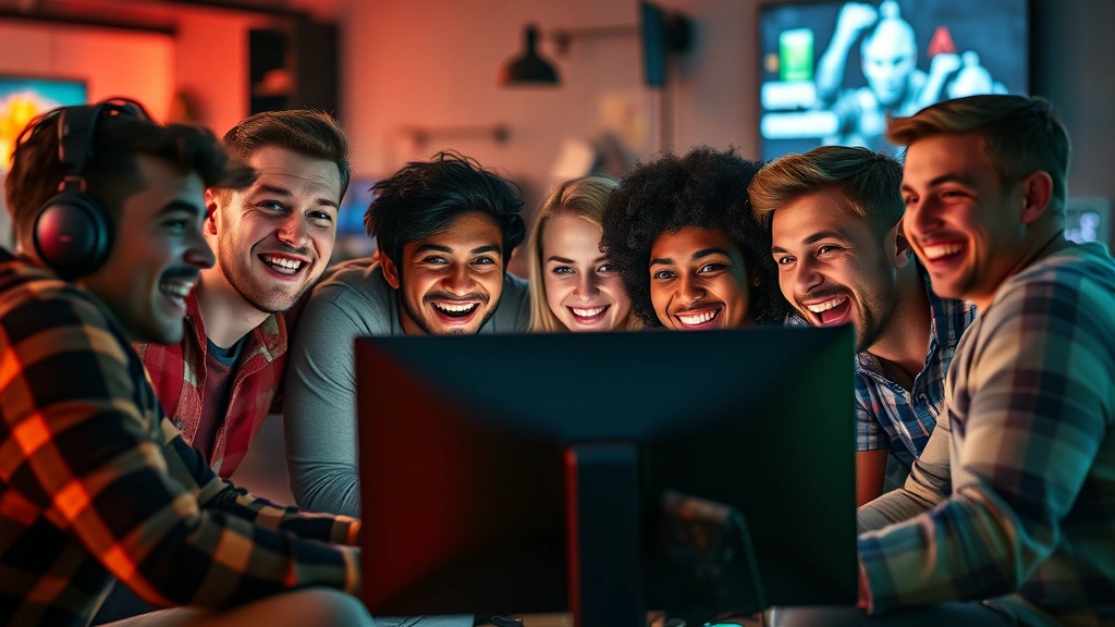 Group of friends gathered around a monitor playing online games together, warm ambient lighting, genuine smiles and excitement, diverse group composition