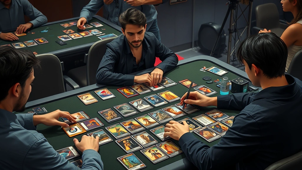 One Piece card game player analyzing strategy with multiple decks organized on tournament table, focused concentration expression, various card archetypes visible, photorealistic gaming competition scene