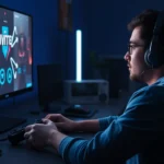 A player sitting at a gaming desk, hands on controller, looking confused at a screen displaying inverted game mechanics with arrows pointing in opposite directions, photorealistic lighting