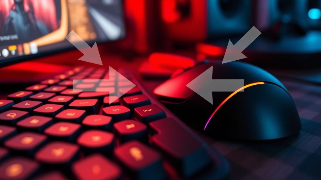 Close-up of gaming keyboard and mouse with visual overlay showing inverted directional controls and reversed input arrows, dramatic gaming setup lighting