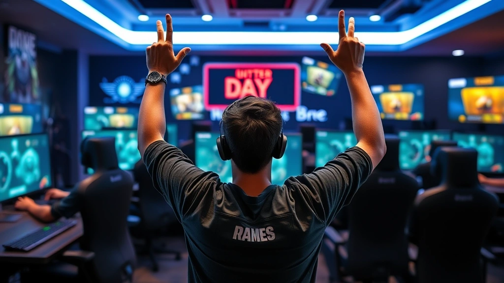 A gamer celebrating victory with hands raised in triumph, multiple monitors showing opposite day puzzle game solved, competitive gaming room atmosphere, photorealistic