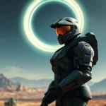 Master Chief from Halo standing in alien landscape with glowing ring structure in sky, photorealistic sci-fi armor, dynamic lighting, no HUD elements