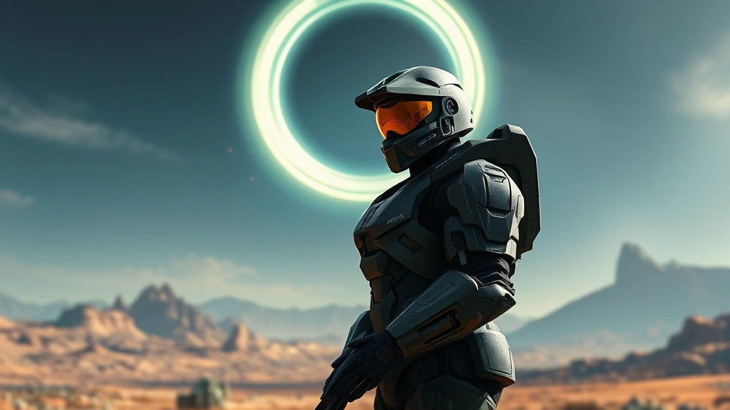 Master Chief from Halo standing in alien landscape with glowing ring structure in sky, photorealistic sci-fi armor, dynamic lighting, no HUD elements