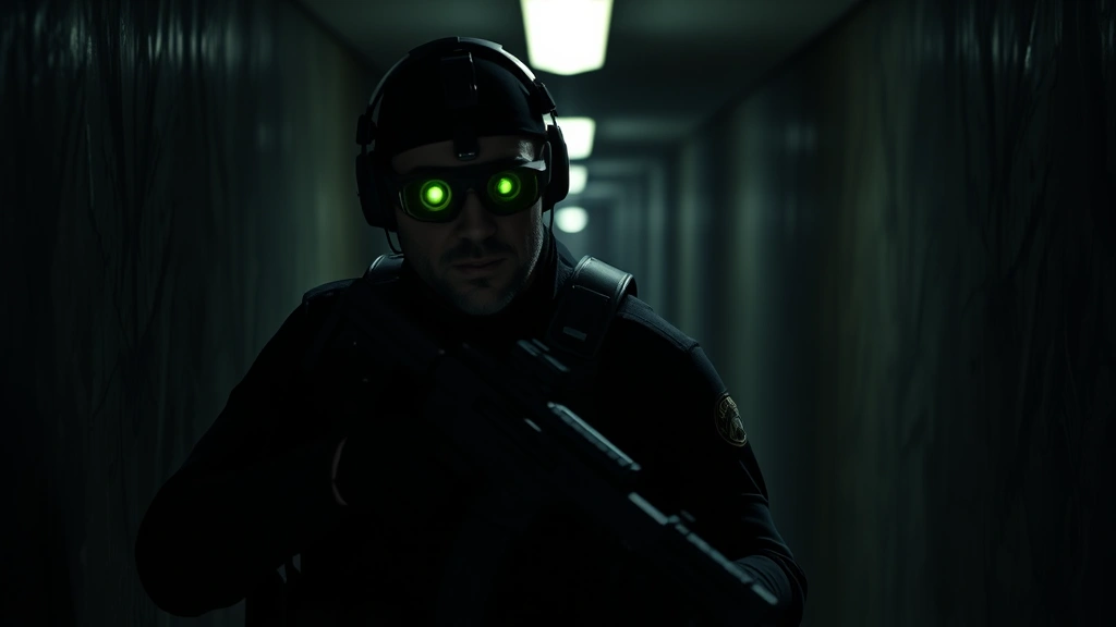 Sam Fisher in tactical suit moving through shadowy corridor with night vision goggles active, cinematic stealth action scene, photorealistic graphics
