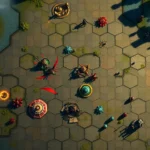 Overhead view of hexagonal grid-based tactical battle map with colorful unit pieces positioned strategically, no UI elements, photorealistic lighting with shadows, fantasy gaming environment