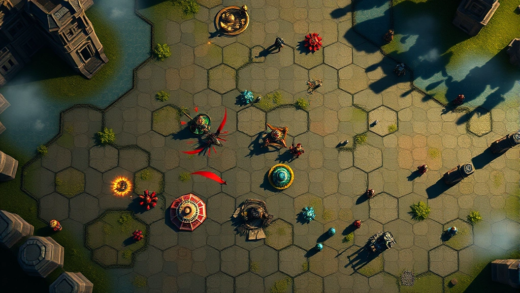 Overhead view of hexagonal grid-based tactical battle map with colorful unit pieces positioned strategically, no UI elements, photorealistic lighting with shadows, fantasy gaming environment