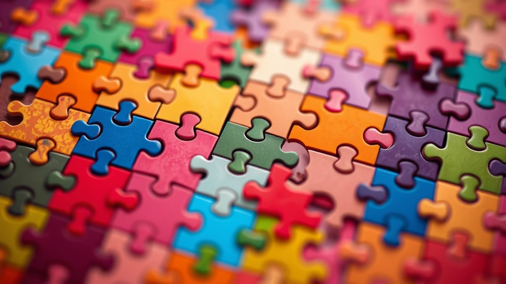 Close-up of geometric puzzle pieces forming intricate tessellating patterns in vibrant colors, abstract gaming aesthetic, no text or numbers visible, cinematic depth of field