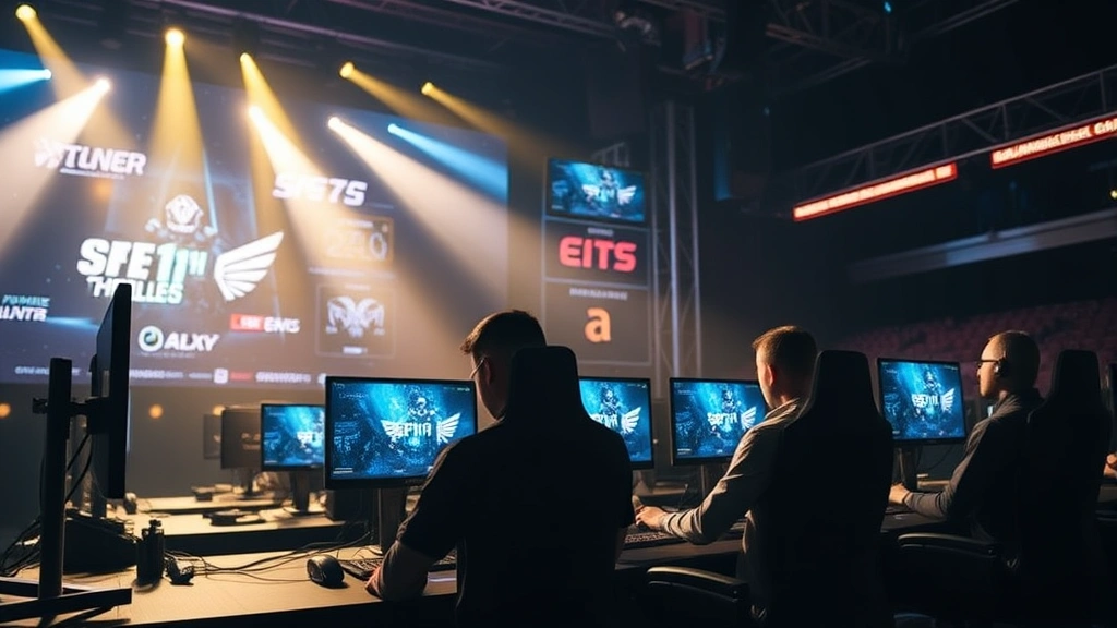 Competitive gaming tournament stage with multiple players at gaming PCs in focused concentration, professional esports setup, dramatic lighting, no screen content visible, immersive atmosphere