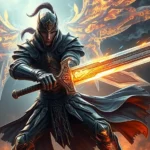 Dynamic fantasy warrior character in ornate armor wielding a glowing sword, standing in dramatic combat pose against a mystical glowing environment, photorealistic fantasy art style, intense action scene