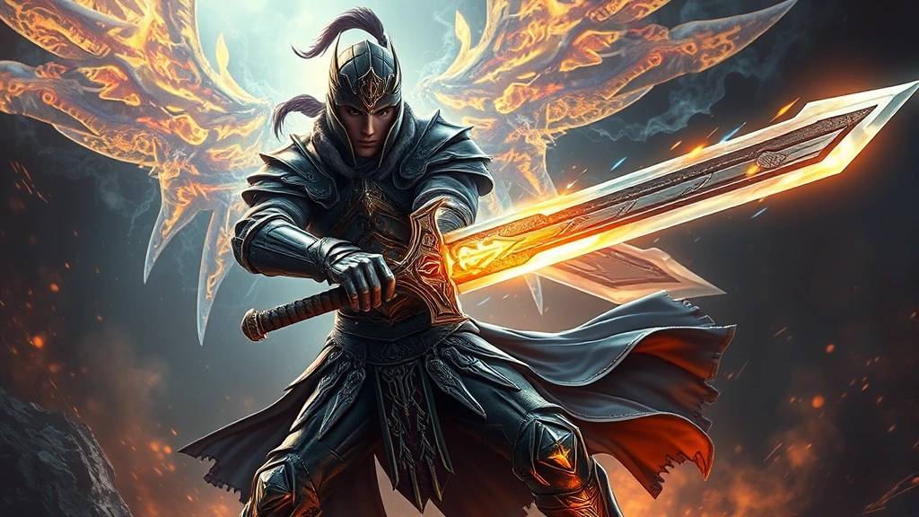 Dynamic fantasy warrior character in ornate armor wielding a glowing sword, standing in dramatic combat pose against a mystical glowing environment, photorealistic fantasy art style, intense action scene
