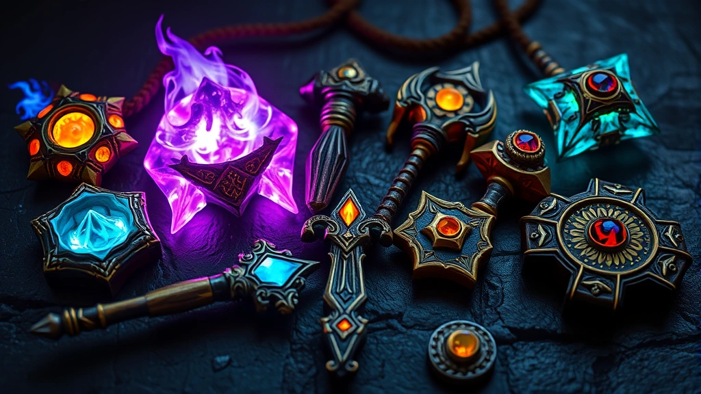 Close-up of rare legendary equipment pieces arranged on dark surface with magical auras and glowing runes, fantasy loot display, photorealistic gaming treasure collection