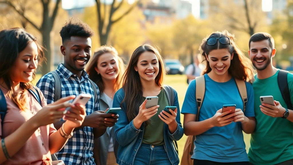 A diverse group of young adults playing Pokémon GO in a sunlit urban park, holding smartphones and looking excited, with city buildings visible in soft focus background, natural daylight, vibrant outdoor setting