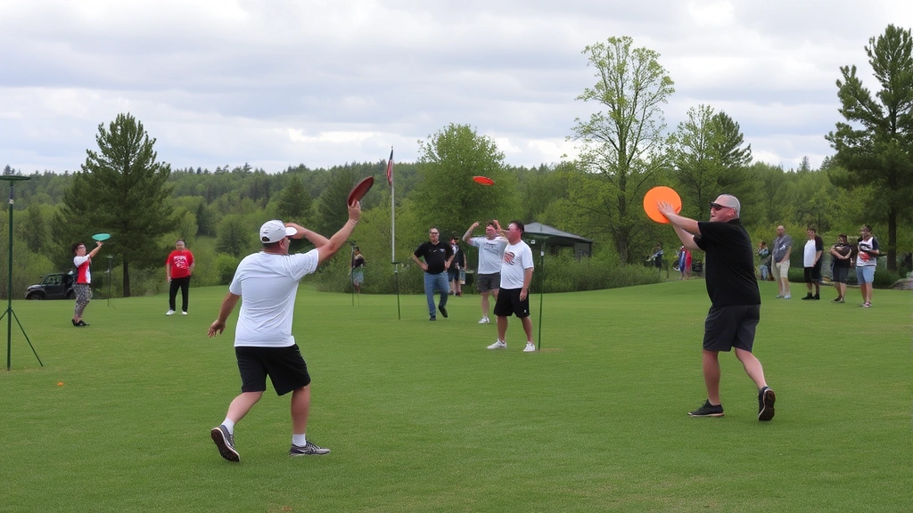 Professional disc golfers competing in a tournament, throwing discs toward baskets on a scenic green course with trees, overcast sky, genuine athletic competition, spectators watching in the distance