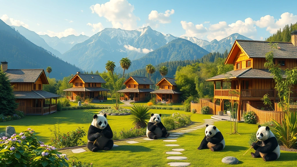 A serene panda resort landscape featuring multiple bamboo structures, lush green gardens, adorable pandas playing and eating bamboo in a peaceful valley setting with mountains in background, warm sunlight, highly detailed, photorealistic, no UI elements