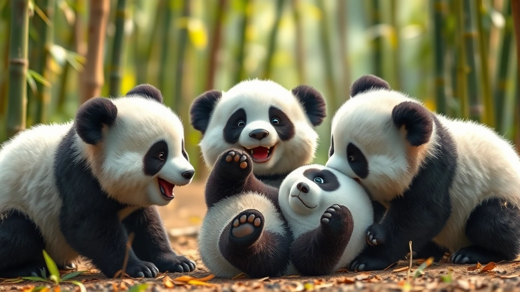 Close-up of three fluffy pandas interacting together in a bamboo forest clearing, happy expressions, one panda rolling playfully, natural lighting, photorealistic fur textures, tranquil atmosphere, no game menus or text