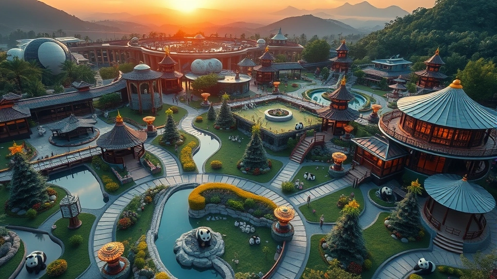 Wide aerial view of a fully developed panda resort with multiple themed areas, decorative structures, pathways, water features, pandas scattered throughout grounds, sunset lighting, photorealistic rendering, peaceful ambiance, no HUD elements