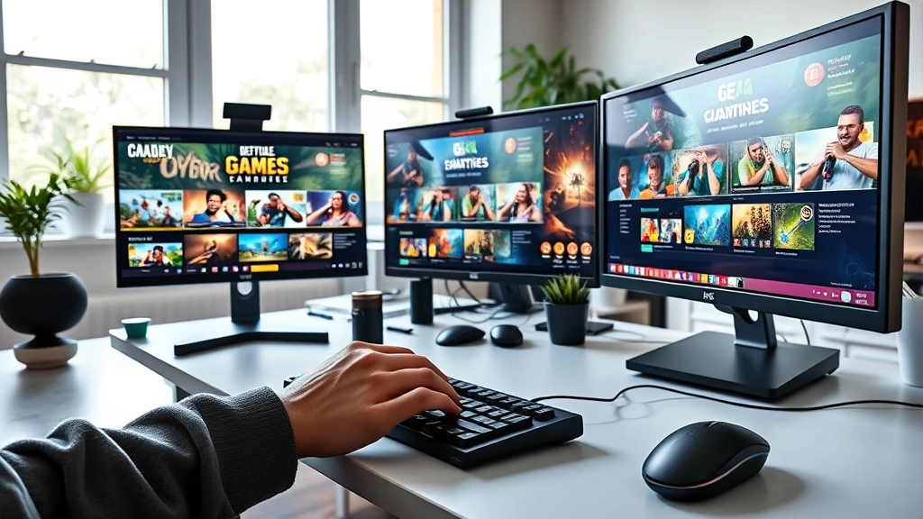 Photorealistic image of a person's hands on a keyboard and mouse in a modern home office setup with multiple monitors displaying colorful casual game interfaces, natural daylight streaming through windows, no visible text
