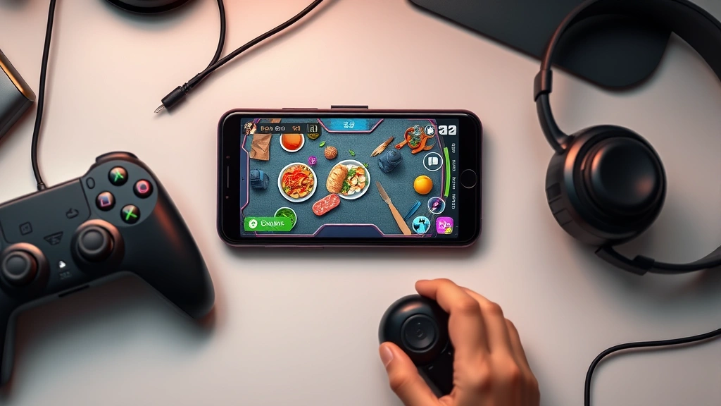 Photorealistic overhead view of a smartphone displaying a vibrant casual cooking game on screen, surrounded by gaming peripherals like controllers and headphones on a desk, soft LED lighting, no UI text visible