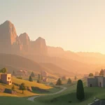 Photorealistic scene of paper-craft textured blocky structures in a peaceful valley with soft pastel colors, no UI elements, peaceful ambient lighting during golden hour