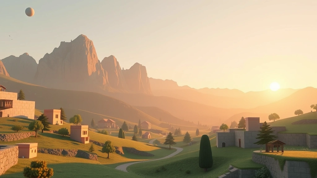 Photorealistic scene of paper-craft textured blocky structures in a peaceful valley with soft pastel colors, no UI elements, peaceful ambient lighting during golden hour