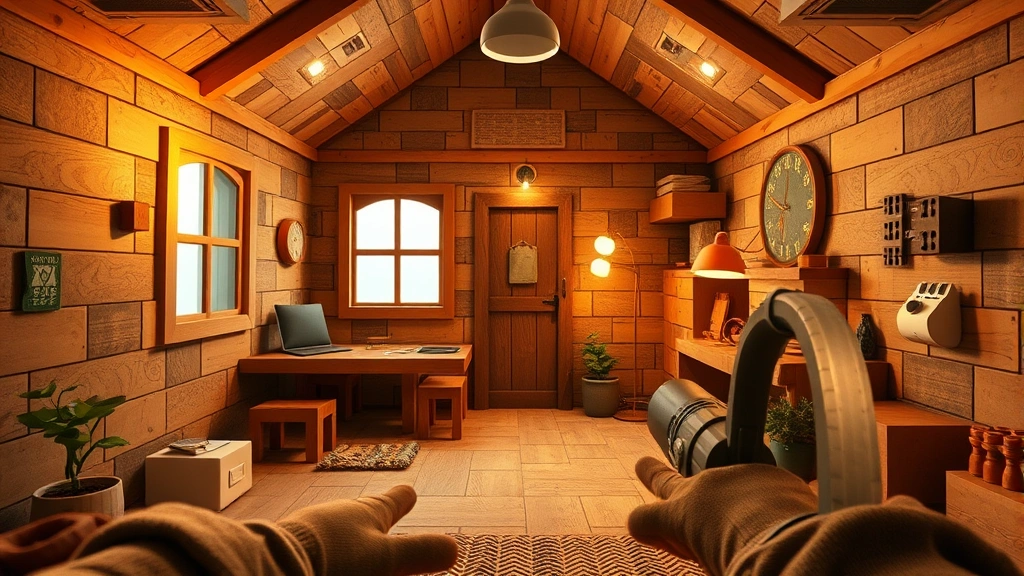 Immersive first-person view of player building a cozy cottage with paper-textured blocks, warm interior lighting, creative building tools visible, no menus or text overlays