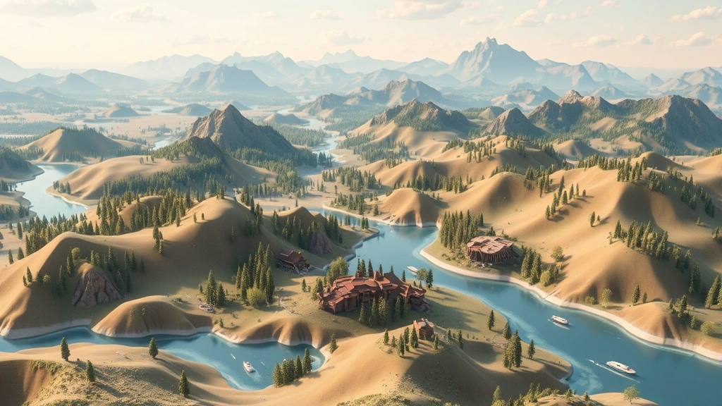 Wide landscape view of diverse biomes rendered in paper-craft style with rolling hills, forests, water features, mountains in distance, no HUD elements or game interface visible