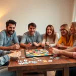 Diverse group of friends laughing around a wooden table playing board games with colorful game pieces and cards scattered, warm ambient lighting, cozy living room setting, genuine expressions of joy and engagement