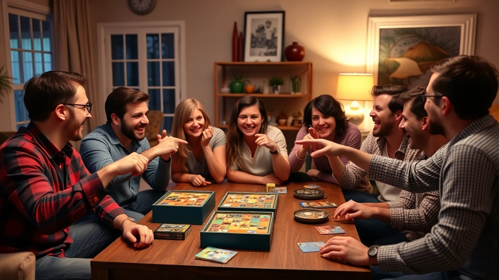 A diverse group of friends sitting around a table in a living room, intensely focused on a game night, some pointing accusingly at others while laughing, warm ambient lighting, cozy atmosphere, no visible game boards or text