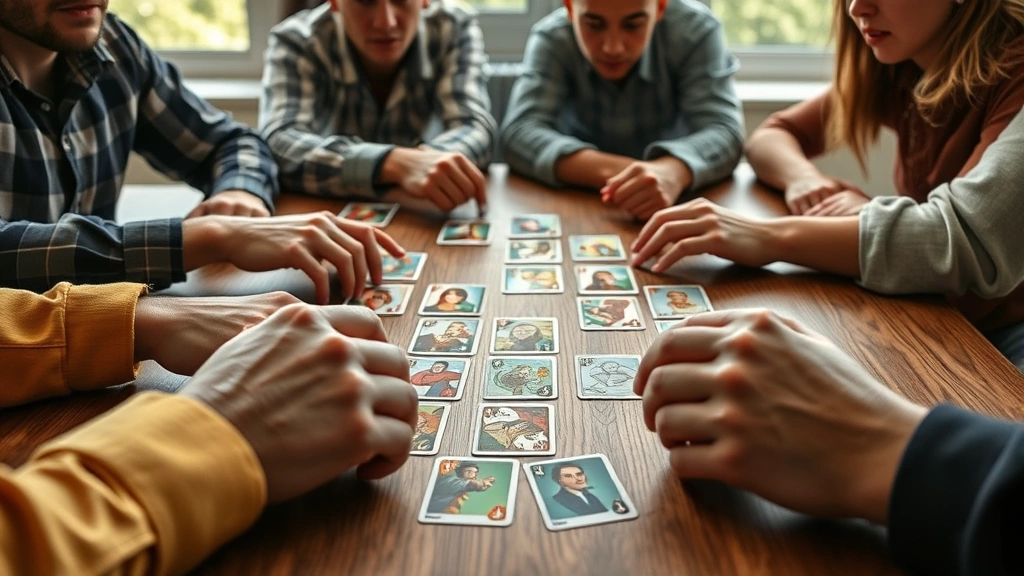 Close-up of multiple hands on a wooden table with game cards spread out, players leaning in with dramatic expressions of suspicion and defense, casual clothing, vibrant natural lighting from windows, nobody showing faces clearly