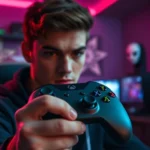 A gamer holding a modern Xbox controller in a dimly lit gaming room with RGB lighting, intense concentration on face, high-end gaming setup visible in soft focus background, photorealistic