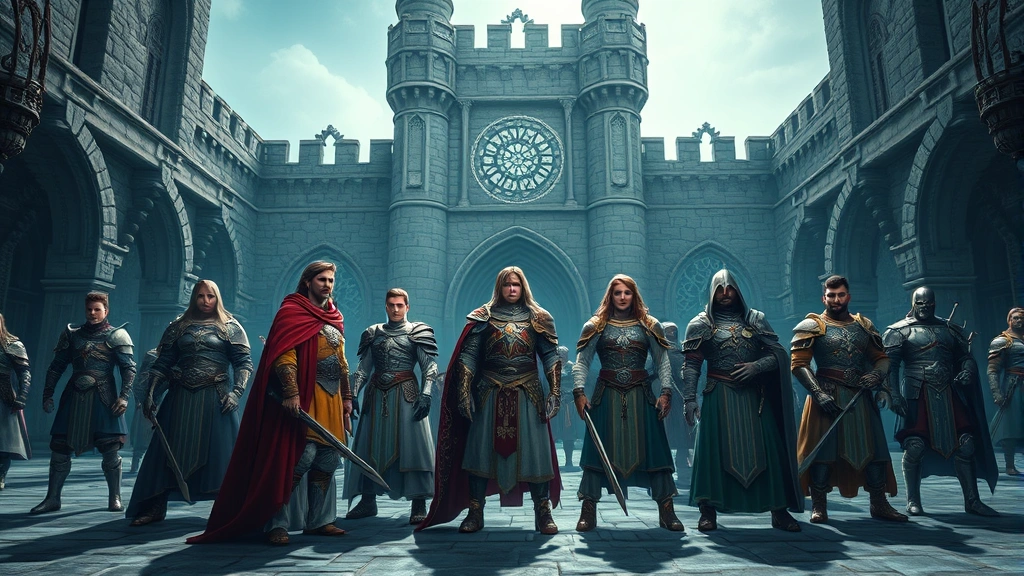 A group of diverse fantasy characters in armor and robes standing together in a grand medieval castle courtyard, dramatic lighting and detailed textures