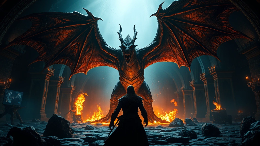 A player's character facing off against a massive dragon with wings spread wide in an epic battle scene, fire and magical effects illuminating the dark dungeon chamber