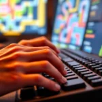 Close-up of a player's hands on a gaming keyboard, focused concentration during a puzzle game session, warm lighting, photorealistic quality