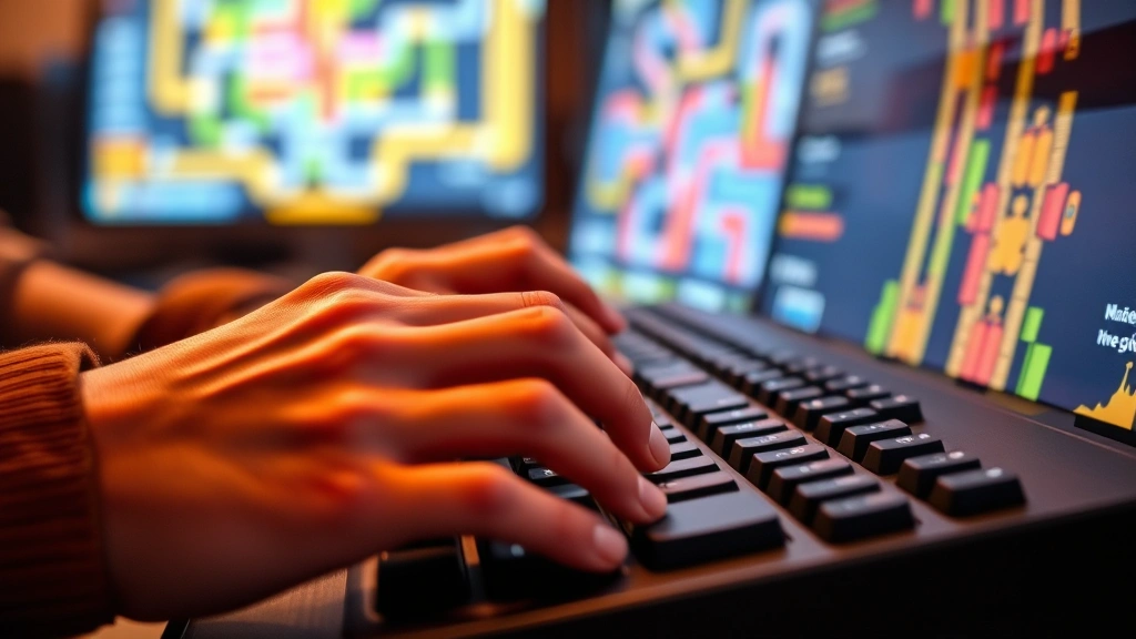 Close-up of a player's hands on a gaming keyboard, focused concentration during a puzzle game session, warm lighting, photorealistic quality