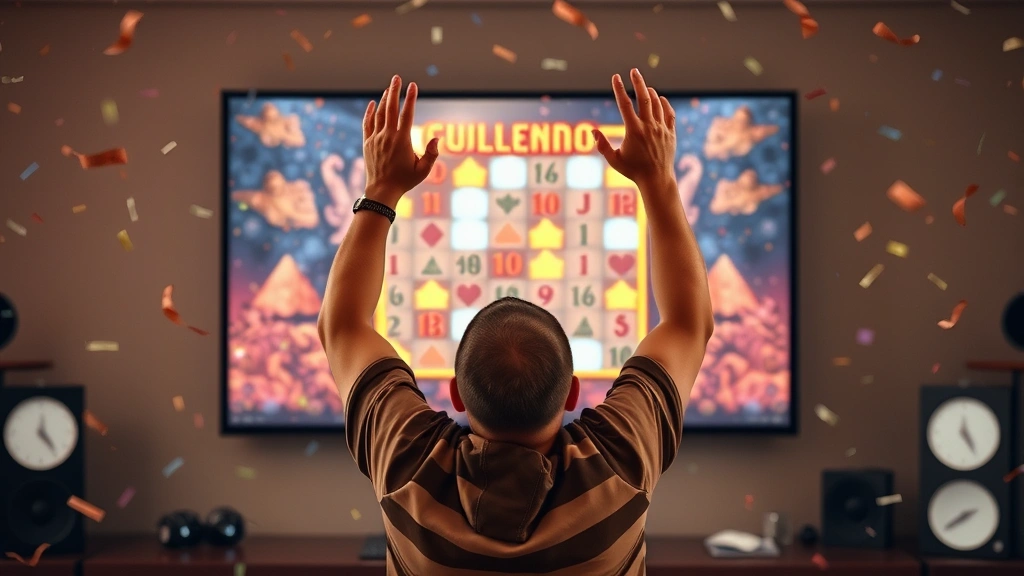 Player celebrating victory with raised hands in front of a monitor displaying a completed puzzle game with confetti effects, triumphant moment, photorealistic