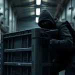 Professional thief in dark tactical gear crouching behind industrial crate in warehouse facility with dim lighting and security cameras mounted on walls