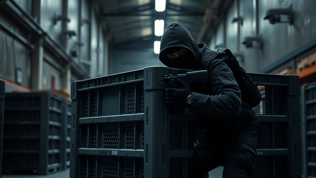 Professional thief in dark tactical gear crouching behind industrial crate in warehouse facility with dim lighting and security cameras mounted on walls