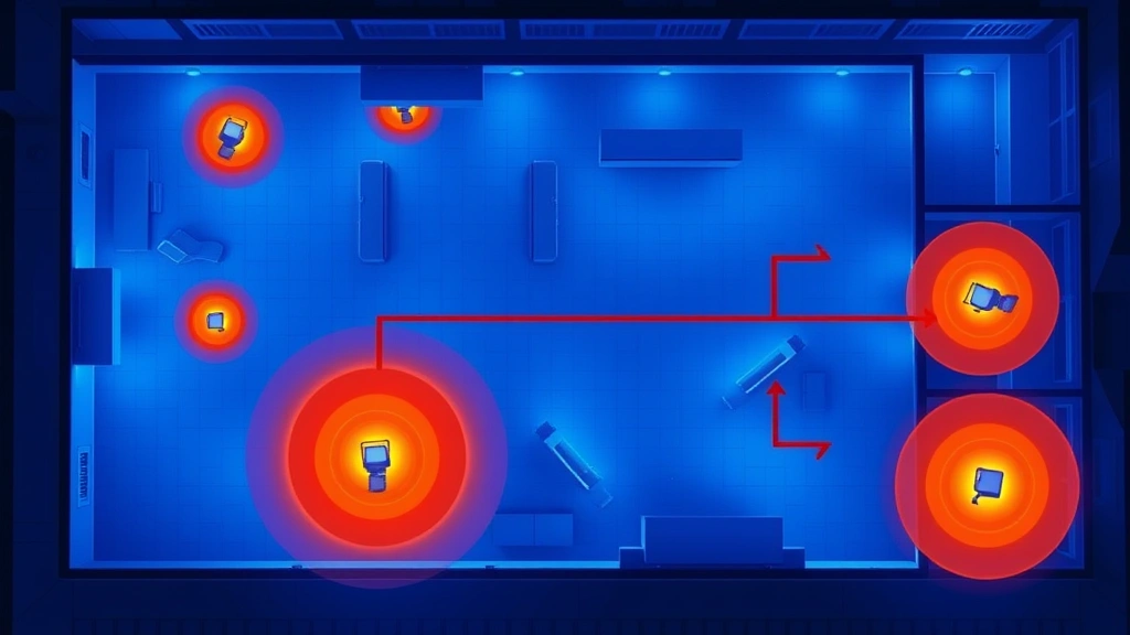 Overhead view of security guard patrol route highlighted on floor plan with thermal imaging showing guard positions and camera coverage zones in facility layout