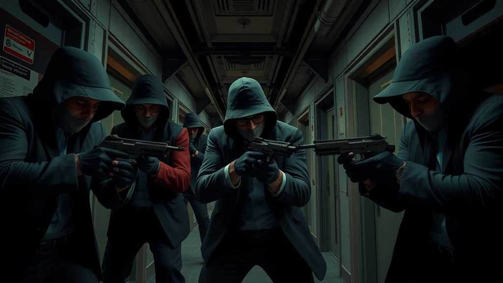 Team of skilled thieves executing coordinated heist with synchronized movement through multiple corridors, each member focused on their specialized role in operation